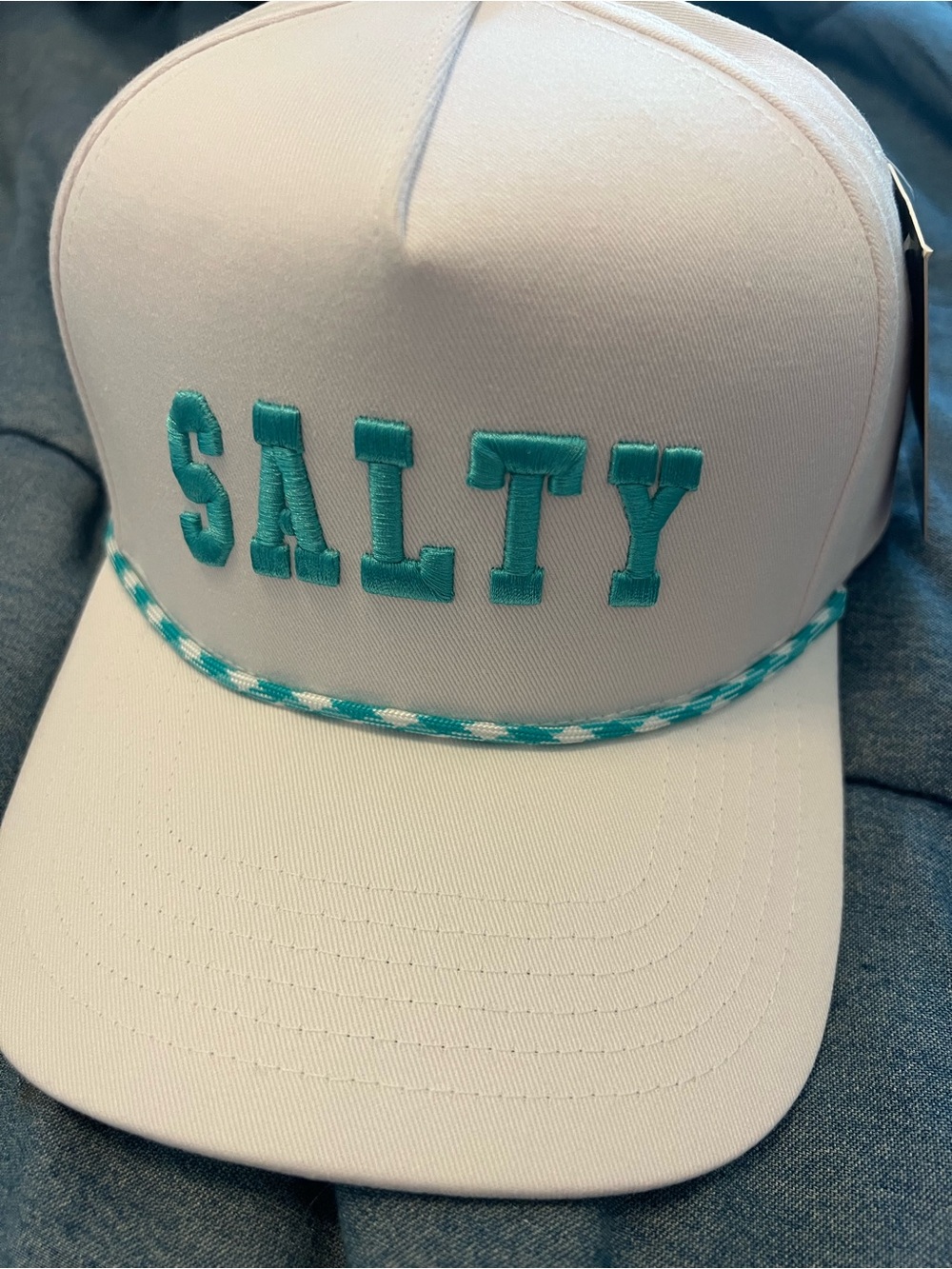 White 'Salty' Embroidered Cap with Teal Accents